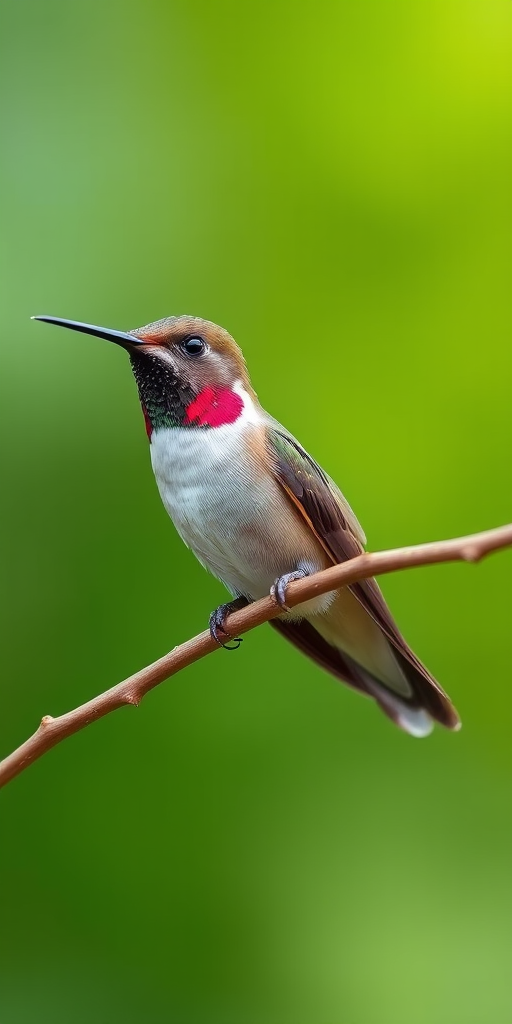hummingbird perched on a twig, soft green background, shallow depth of field, aperture f/4, shutter speed 1/200s, ISO 400, macro lens, natural light, DSLR camera