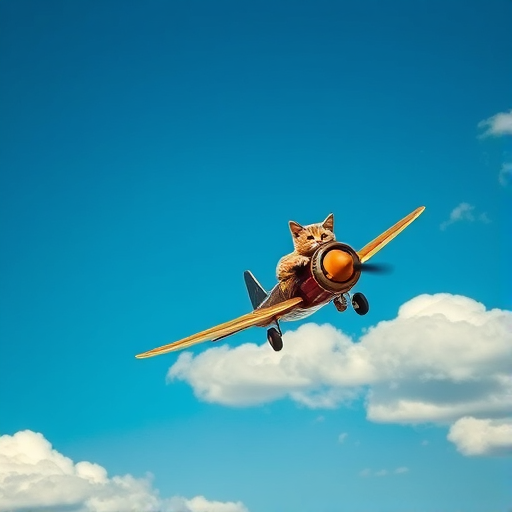 Create a whimsical steampunk cat aircraft soaring through a bright blue sky with fluffy clouds, using a DSLR camera with an aperture of f/2.8, ISO 100, and a shutter speed of 1/200s for high-quality details and vibrant colors, capturing the scene in a wide-angle view for added depth.