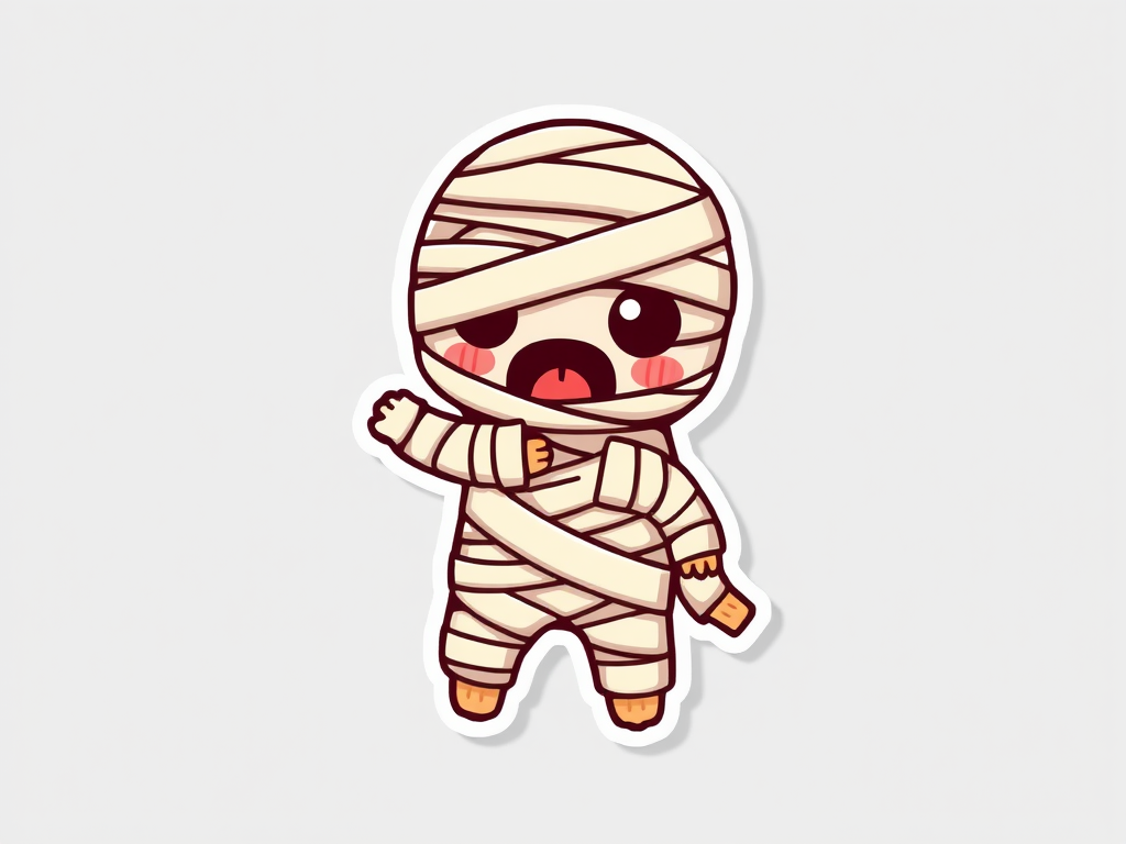 create a kawaii Mummy wrappings sticker, 3d digital art, grey background, sticker line weight