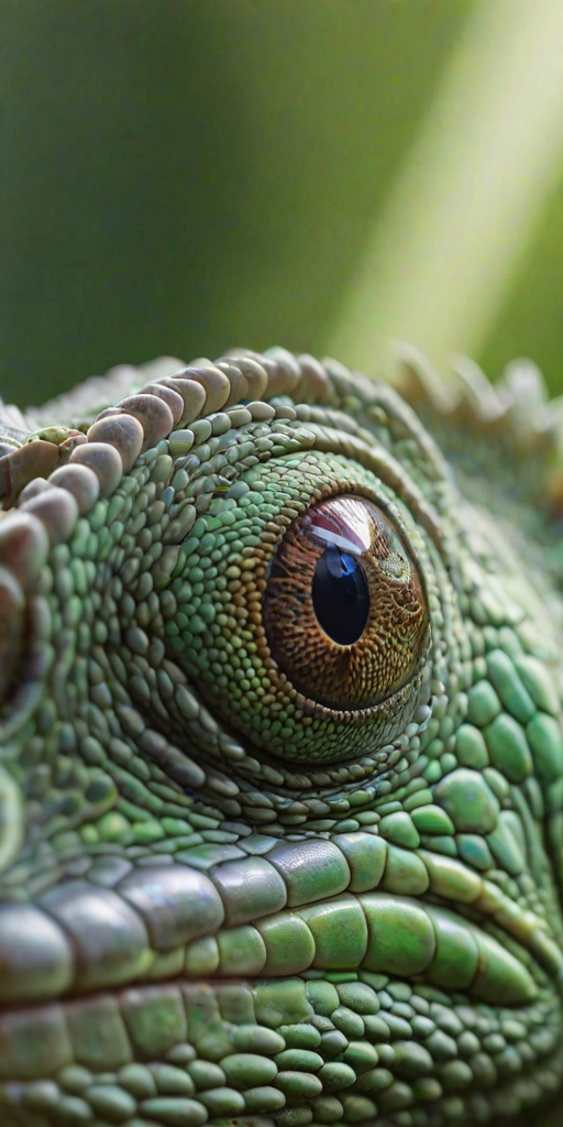 Sharp, detailed close-up of a chameleon's eye as it focuses on a nearby insect, soft sunlight filtering through the foliage, with vibrant green and blue hues blending in the background.