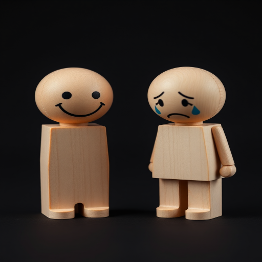 Create a high-resolution image of two wooden figurines on a black background, one expressing happiness with a smiling face and the other showing sadness with tears, shot with a Canon EOS R5 at f/2.8, ISO 100, and a 50mm lens, using soft studio lighting for enhanced details and clarity.
