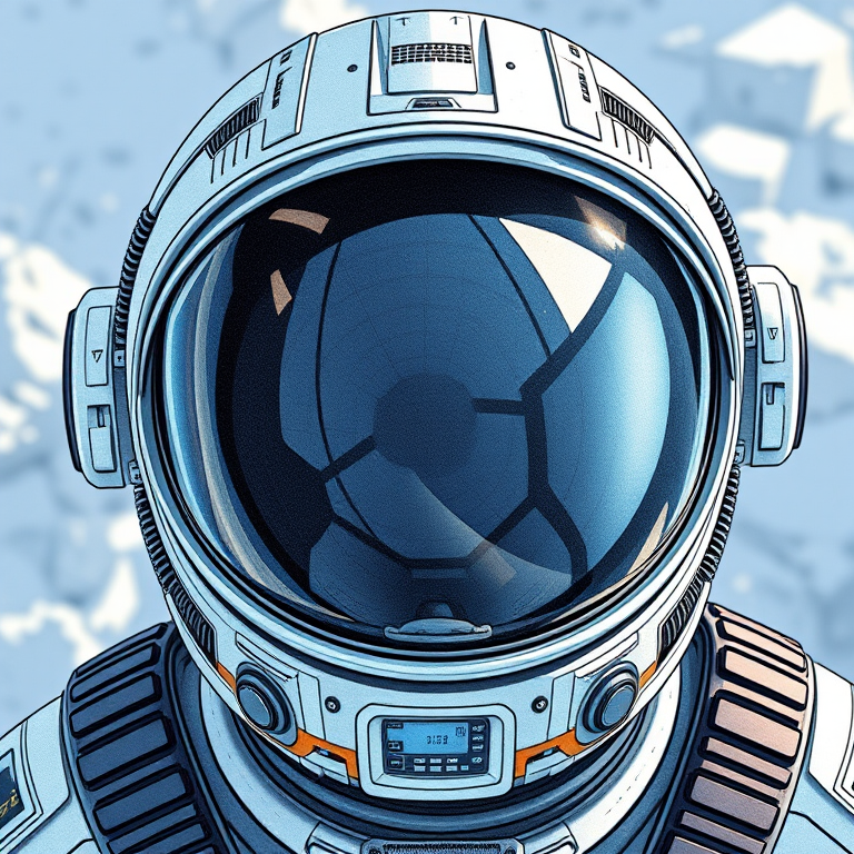 create a detailed illustration of a futuristic astronaut helmet with intricate design elements and reflections in the visor, using a DSLR camera with a 50mm lens, aperture f/1.8, ISO 100, shot from a high angle with natural lighting to enhance clarity and depth