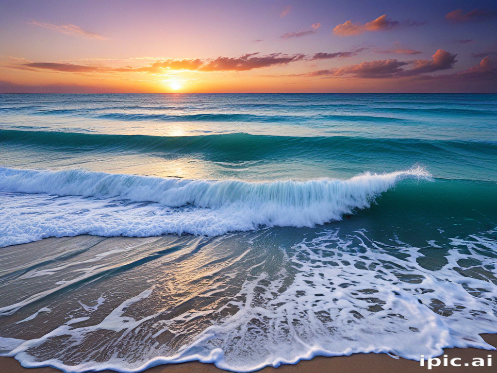 Serene Sunset Over Gentle Waves on a Tranquil Ocean Shoreline