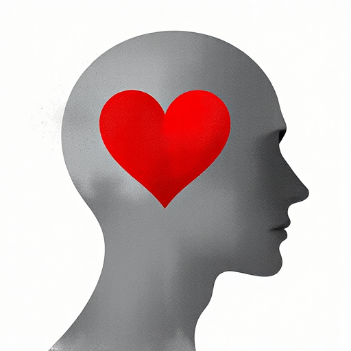 Create an abstract illustration featuring the silhouette of a human head in grey with a bright red heart shape integrated into the design, use a Canon EOS R5 camera with a 50mm lens, aperture set to f/1.8, ISO 100, and a soft focus style to enhance the image quality and depth.