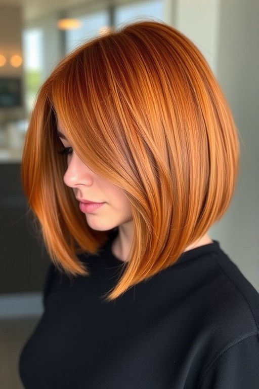 Glowing copper penny locks styled in a sleek Italian bob, Autumn Flame cut, featuring a blunt chin-length perimeter with subtle layers for movement and shine