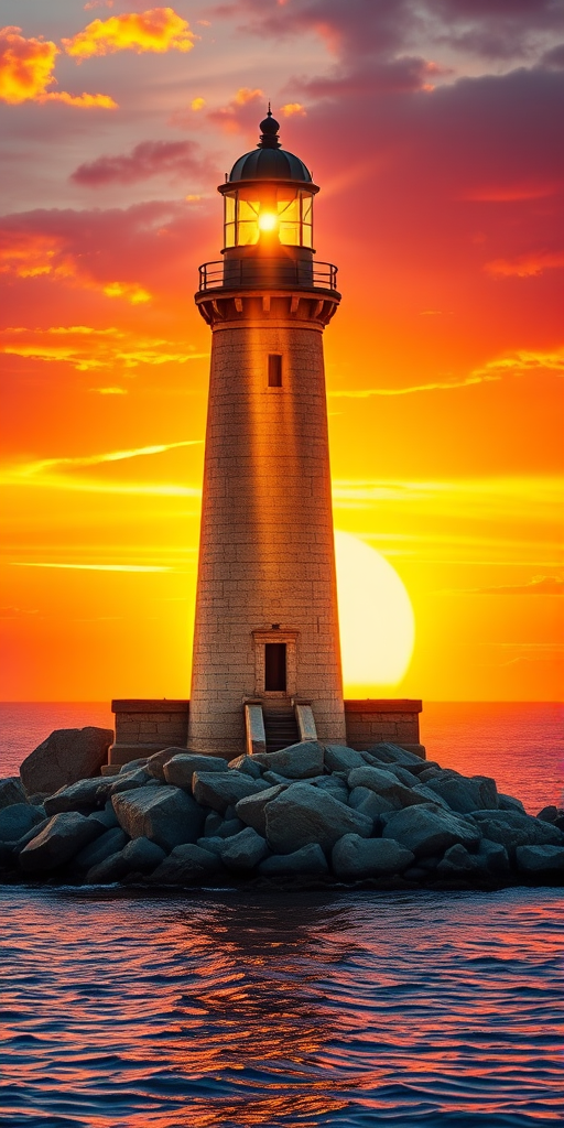 Generate an image of a tall lighthouse perched on a rocky outcrop surrounded by calm ocean waters during a breathtaking sunset. The lighthouse stands sturdy and weathered, its stone surface illuminated by the warm golden light of the setting sun. The sun's rays pass directly through the glass lantern room at the top of the lighthouse, casting a brilliant light across the scene. The sky is painted with vibrant shades of orange, pink, and purple, reflecting off the tranquil sea. The surrounding water shimmers with the same warm hues, creating a serene and majestic atmosphere.