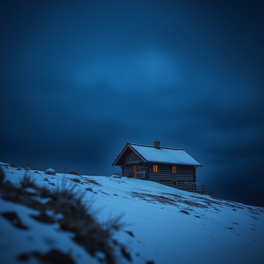 regenerate an image of a solitary wooden house on a snow-covered hill under a dark blue sky, shot with a DSLR camera at f/8 aperture, ISO 100, 24mm lens, in landscape orientation with a soft focus style and natural lighting to enhance details and textures