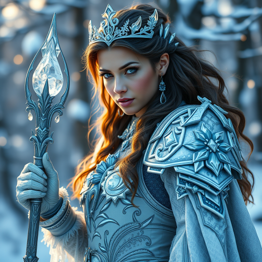 regenerate an image of a beautiful ice queen in an enchanted snowy forest, detailed armor with ice elements, dynamic pose holding a magical staff, soft ethereal lighting, focus on facial features, depth of field, shot with a Canon EOS R5, 85mm lens, f/1.4 aperture, ISO 100, 1/200s shutter speed