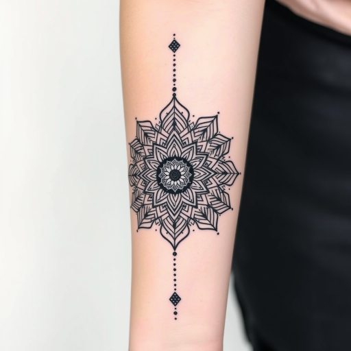 Intricate blackwork mandala tattoo featuring geometric patterns and dotwork shading, adorning the forearm with delicate lines and symmetrical shapes, creating a mesmerizing optical illusion effect