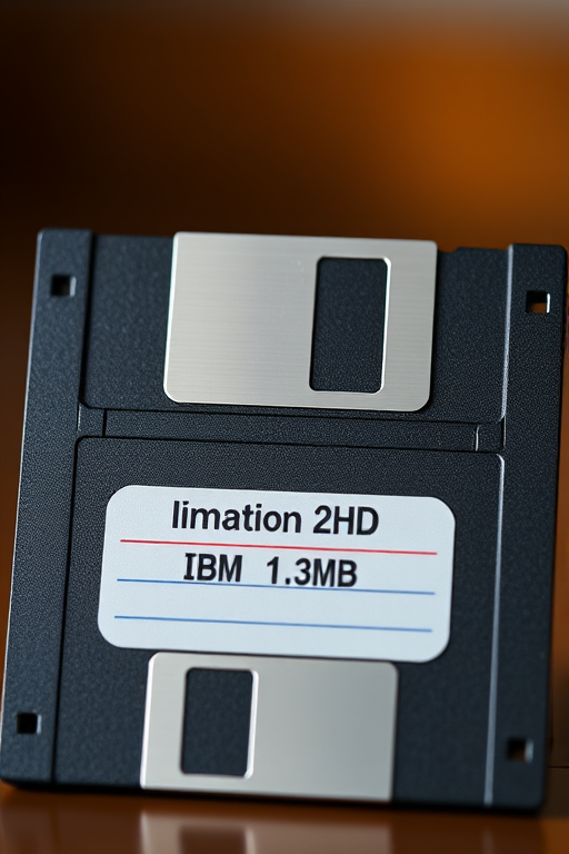 Create a high-resolution image of a black 3.5-inch floppy disk with a silver label reading "Imation 2HD IBM 1.44MB", captured in macro view at 100mm focal length, aperture f/2.8, ISO 100, with soft natural lighting and a slight blur in the background for depth.