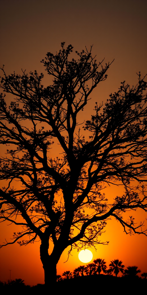 Generate a high-quality image of a silhouette of a tree against a sunset background, using a DSLR camera with a 50mm lens, aperture set to f/1.8, ISO 100, and a shutter speed of 1/250s, captured at a low angle to emphasize the silhouette.