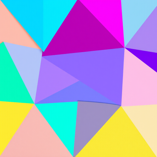 Create a vibrant geometric pattern with colorful triangles in varying shades of blue, green, purple, pink, and gold, captured using a DSLR camera with a 50mm lens at f/8, ISO 100, and a shallow depth of field to enhance color contrast.