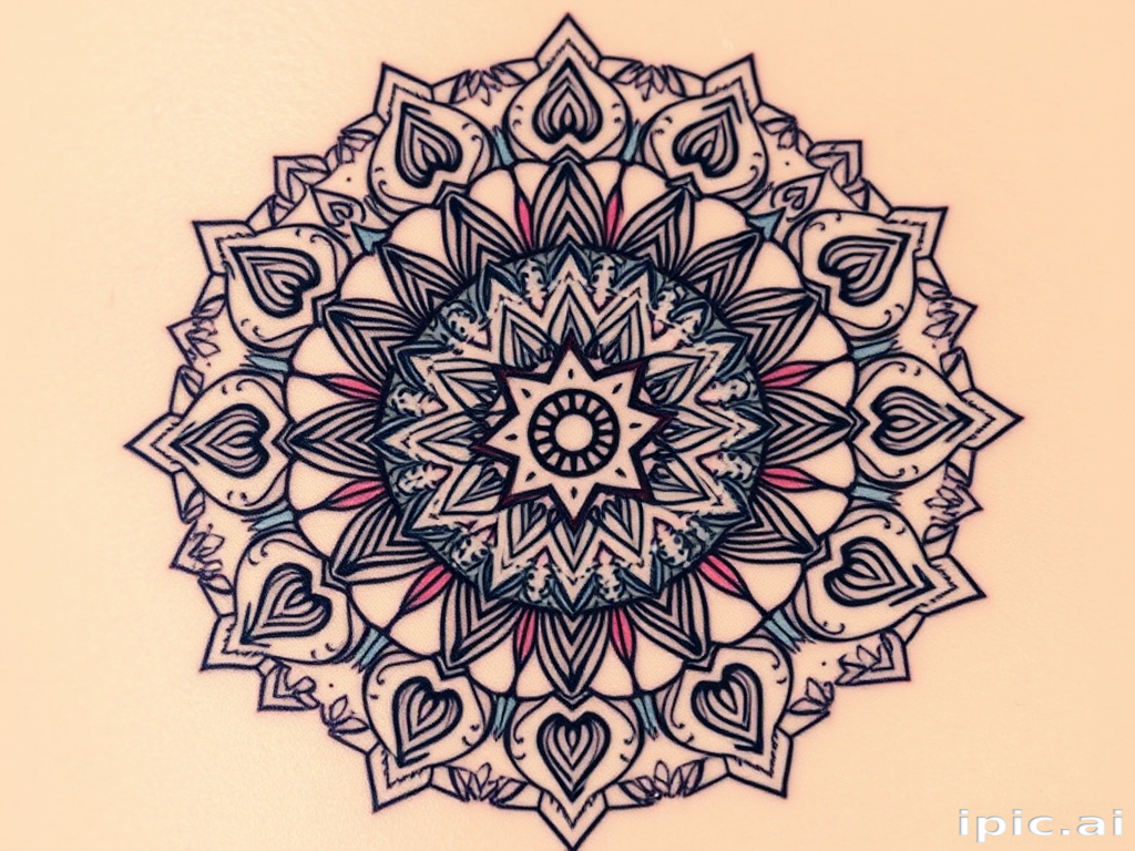 Bohemian mandala tattoo named "Cosmic Harmony" with intricate geometric patterns and ornate details in soft pastel colors radiating outward from a central focal point