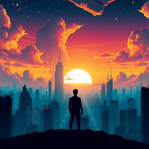 create a vibrant digital illustration of a silhouette standing in a futuristic cityscape at sunset with dynamic clouds and stars, with a focal length of 50mm, aperture set to f/2.8, ISO 200, shot in a wide-angle view using a mirrorless camera to enhance image quality.