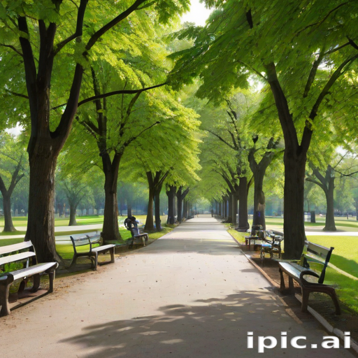 Tranquil Park Pathway Lined with Lush Green Trees and Benches