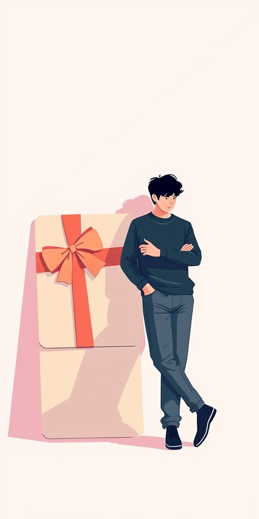 Create an illustration of a person leaning against a large gift card with a minimalist design, soft pastel background, using a vector art style, 50mm lens, f/2.8 aperture, natural lighting.