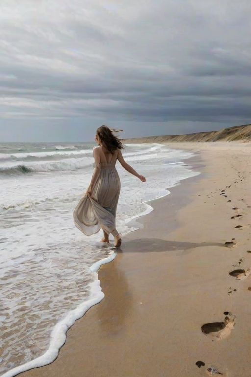 Empty, windswept beach, waves crashing against the shore, with a woman in a flowing dress walking along the edge of the water, her footprints trailing behind her.
