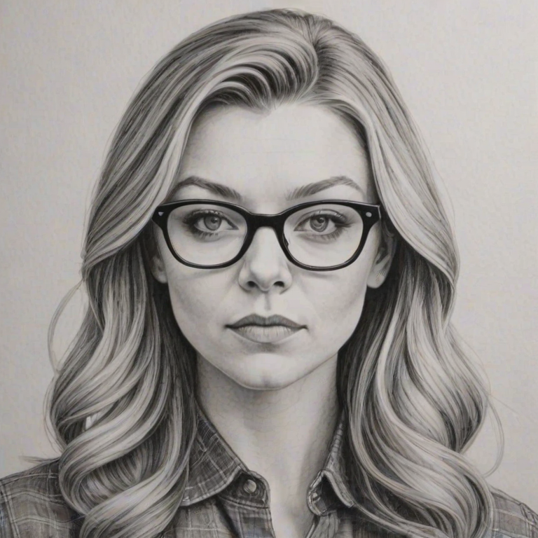 Fascinating Natalie Dormer, pencil sketch, portrait of Splendid woman 1966s in glasses, hair style beatnik, outline, clear lines, fine lines, 8k