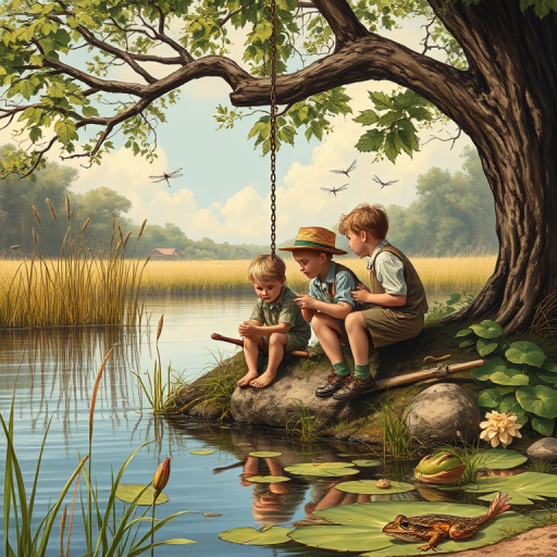 Imagine a small group of old fashioned young boys out fishing by the creek, a swing hanging from a tree branch, reeds and grasses by the water's edge, a frog sitting on a lily pad, dragonflies hovering over som water plans, a very iconic old fashioned scene reminiscent of a Norman Rockwell painting style