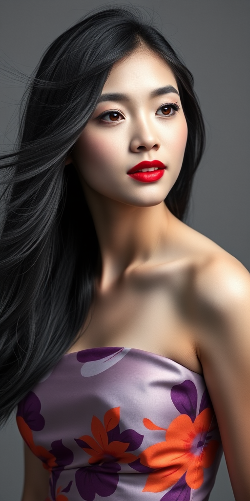 Photographic image of a beautiful young Singaporean woman, red eyes, lips with red lipstick, long hair fluttering in the wind and wearing a silk strapless dress with a soft purple and orange print. monochrome image with only color highlights in the iris of the eyes, lipstick and dress. Gray background.