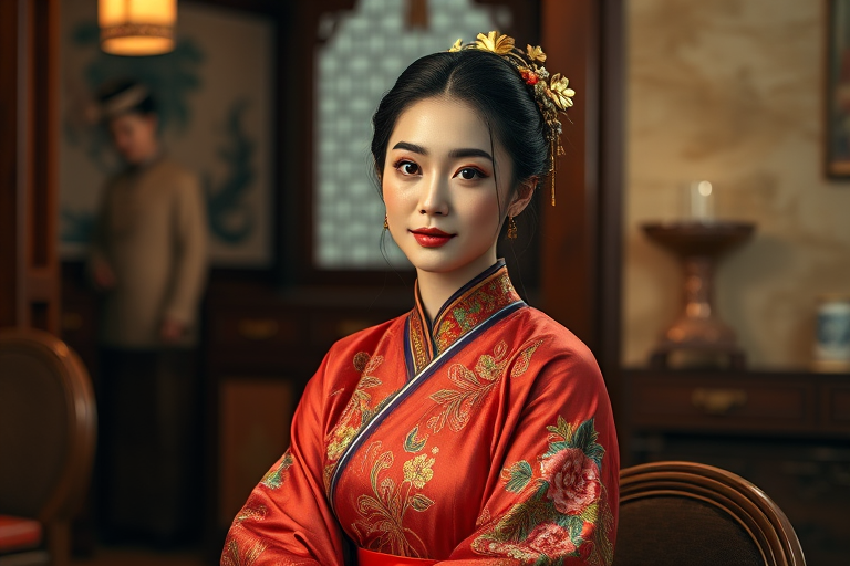 A beautiful woman in traditional East Asian attire, intricately detailed with embroidered patterns, sitting gracefully in a richly decorated room, soft ambient lighting, serene and elegant, ultra-realistic, 8K resolution