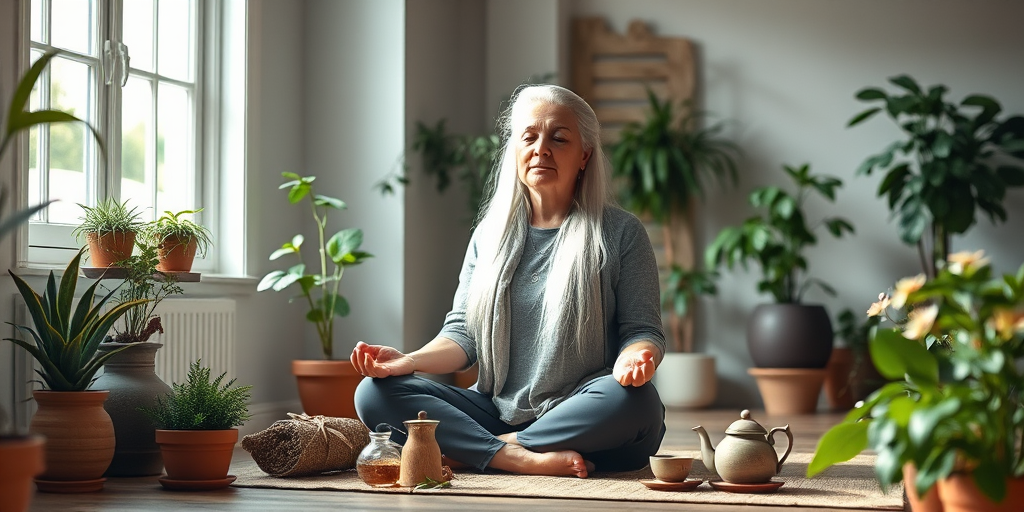 A serene indoor space with natural light streaming through a window, a tranquil elderly woman with long silver hair meditating in a cross-legged position surrounded by potted plants, herbal elements, and tea set, soft focus, 50mm lens, f/1.8 aperture, warm color tones, shot on a DSLR camera with a shallow depth of field.