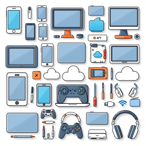 Create a high-resolution digital illustration of various technology icons such as smartphones, tablets, laptops, monitors, cloud storage, video game controllers, and headsets, arranged in a grid layout with a transparent background, using a macro lens at f/4.0, ISO 100, and a 50mm lens to enhance detail and clarity.