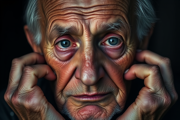 Create a close-up portrait of an elderly man with a somber expression, capturing intricate details of his wrinkled face and hands, with dramatic lighting, using a DSLR camera with a 85mm lens, aperture set to f/1.8, ISO 100, and a shutter speed of 1/200 seconds, ensuring a shallow depth of field with a dark background for enhanced contrast.