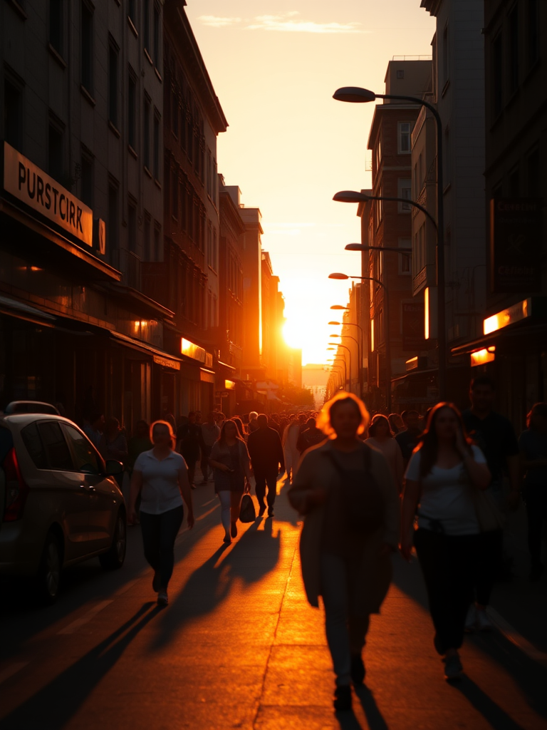 Capture a busy street scene at sunset with long shadows, using a Canon EOS R5, 50mm lens, f/1.8 aperture, ISO 200, and shutter speed of 1/250 sec, shot from eye level to highlight the silhouettes of people walking and the warm ambiance of the golden hour.