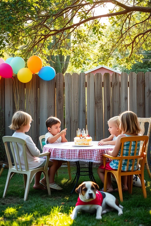 Grainy photo of a child's birthday party, backyard setting, colorful balloons tied to a wooden fence, the birthday child blowing out candles on a homemade cake, friends gathered around in mismatched chairs, sunlight dappling through tree branches above, a dog sitting patiently under the table.