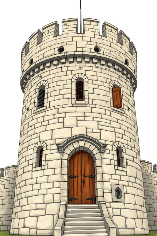 Create a detailed illustration of a medieval stone tower with a crenellated top, featuring arched windows with wooden shutters and a sturdy wooden door, in a high-resolution digital format, using a DSLR camera with a 50mm lens at f/8, ISO 100, and a slight tilt-shift effect for depth.