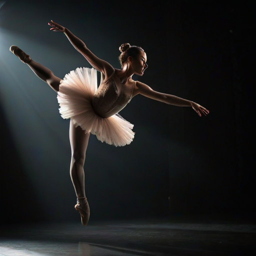 Softly focused photo of a ballet dancer in mid-leap on a dimly lit stage, her tutu swirling around her, with dramatic spotlights casting long shadows behind her.