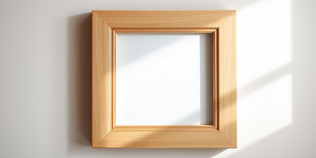 Create a high-resolution image of a classic wooden picture frame with a light, polished finish, using a DSLR camera, 50mm lens, f/2.8 aperture, ISO 100, natural lighting, and a slight vignette effect for enhanced depth.