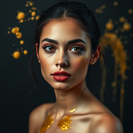 Create a striking portrait of a model with gold paint splashes on a dark background, captured in a soft-focus style using a Canon EOS R5, 50mm f/1.2 lens, aperture set to f/1.8, ISO 100, and shutter speed at 1/200 seconds to enhance depth and texture.