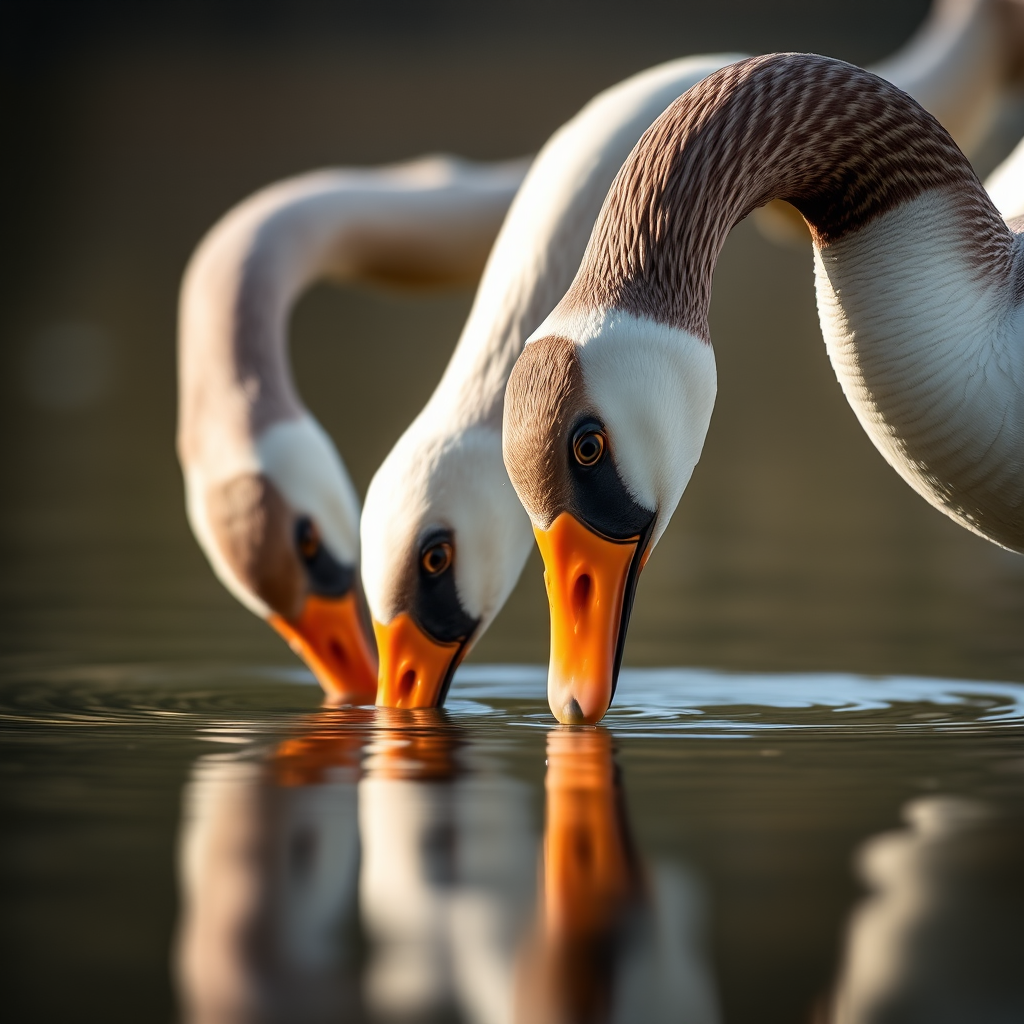 Three geese feeding in calm water, macro lens, f/4 aperture, 1/200 sec shutter speed, ISO 100, natural light, close-up shot, soft focus background, captured with a DSLR.