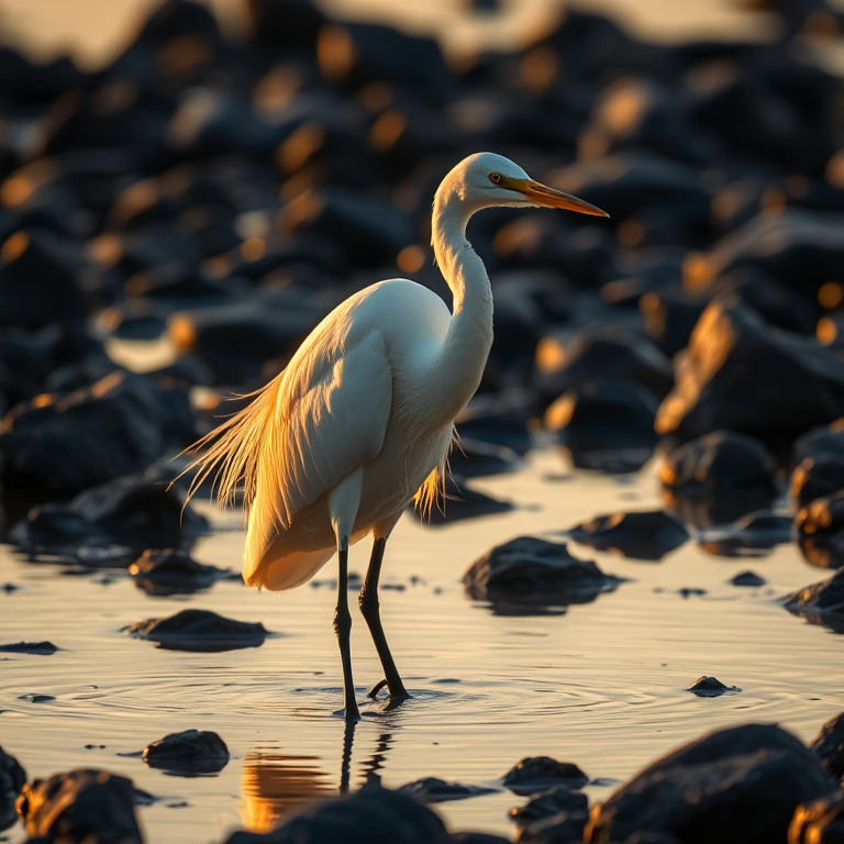 Capture a close-up of a great egret standing in shallow water surrounded by dark stones, golden hour lighting, f/4 aperture, ISO 200, shutter speed 1/200 sec, 135mm telephoto lens, DSLR camera, high resolution.