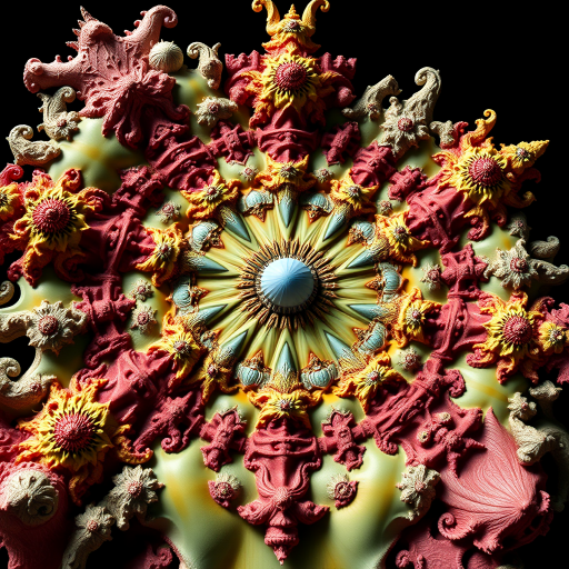 Create a highly detailed 3D fractal scene featuring intricate shapes and patterns, with vibrant colors and enhanced depth, using a wide-angle lens, aperture set to f/8 for crisp focus, ISO 100 for low noise, captured with a DSLR camera in macro mode.