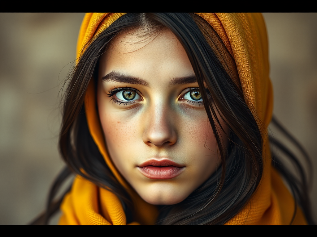 Create a portrait of a young Turkish male with long, dark hair and captivating hazel eyes. She is wearing a Yellow headscarf and a matching scarf draped gracefully around her neck. The background is softly blurred, focusing attention on her serene and natural expression. The overall color palette is muted and warm, enhancing the intimate and authentic feel of the portrait.