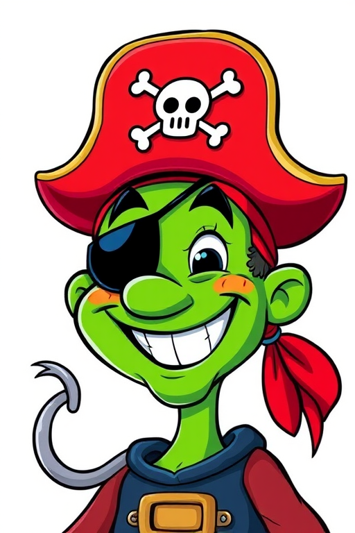 Create a vibrant and colorful cartoon-style image of a cheerful pirate character with a green face, wearing a large red pirate hat with a skull and crossbones, an eye patch, and a hook for a hand, set against a simple, bright background; use a digital illustration style with high resolution, and apply a 50mm lens setting at f/2.8 for a soft focus effect, ensuring vivid colors and clear details.