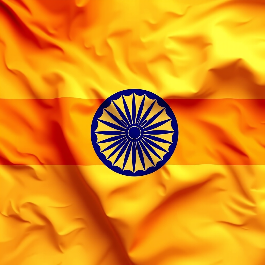 Create a vibrant illustration of the Indian flag featuring the saffron and green bands with the Ashoka Chakra in the center, captured with a DSLR camera at ISO 100, f/8 aperture, 50mm lens, top-down view, and vibrant color enhancement for clarity and depth.