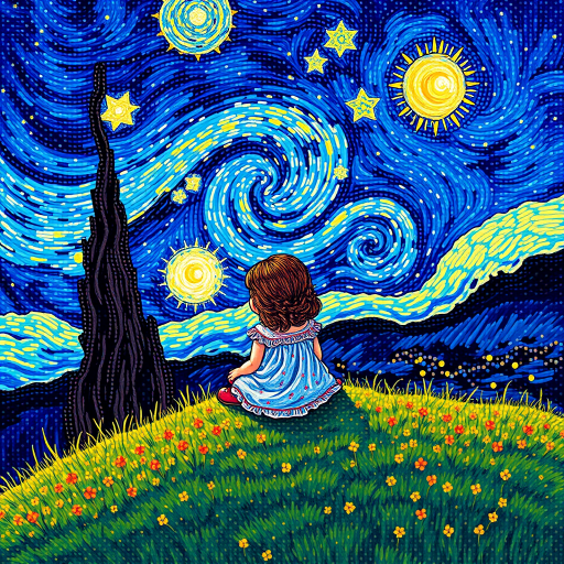 A young girl sitting on a grassy hill, looking up at the starry night sky painted in the style of Vincent Van Gogh's famous "Starry Night". The entire image is composed of tiny dots, giving it a dreamlike and illusionary quality. The girl is surrounded by vibrant colors and swirls in the sky, with stars twinkling above her