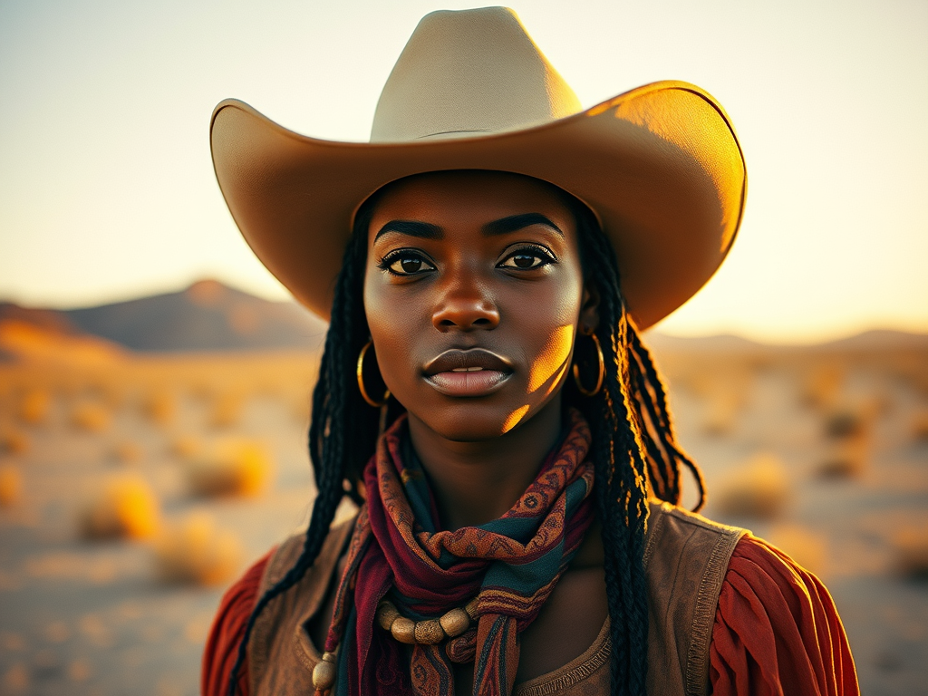 Dramatic photo of a beautiful Cape Verdean woman, classic cowboy attire, confident and free spirit expression, half-length portrait, centered, golden hour desert landscape, warm, diffused light, low angle, medium format film camera, in style of Annie Leibovitz.