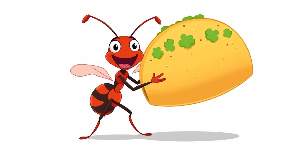 Create an image of a cartoon ant joyfully carrying a large taco, vibrant colors, vector style, with a white background, shot with a Canon EOS R5 at f/8, ISO 100, 50mm lens in natural light.