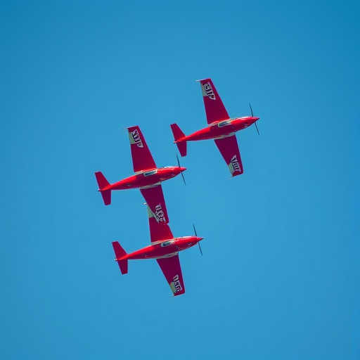 Create an image of three aerobatic planes performing in a clear blue sky, using a DSLR camera with a 50mm lens, aperture set to f/8, shutter speed at 1/1000s, ISO 200, shot from a low angle for dramatic effect, capturing vibrant colors and sharp details.