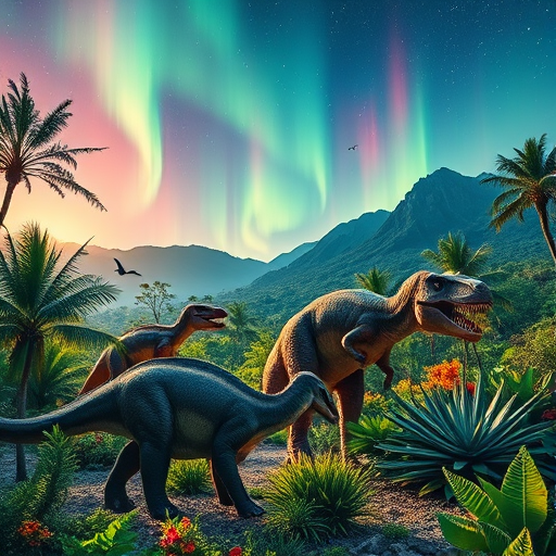 Create a vibrant prehistoric scene featuring dinosaurs in a lush landscape with auroras in the sky, using a DSLR camera at f/8 aperture, ISO 100, 24mm lens, wide-angle perspective, and natural lighting to enhance colors and details.