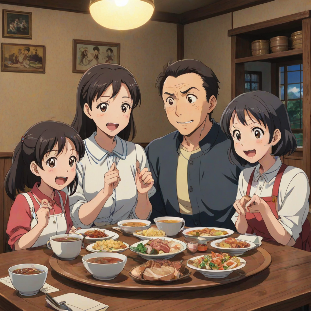isekai anime style poster depicting a happy Family of four, a surprised dad sitting at a table with his wife and two kids eating something; the movie title clearly reads "OH NO! I HAVE BECOME A FAMILY MAN WITH A DOTING WIFE AND LOVABLE KIDS!", written in clear and exact letters