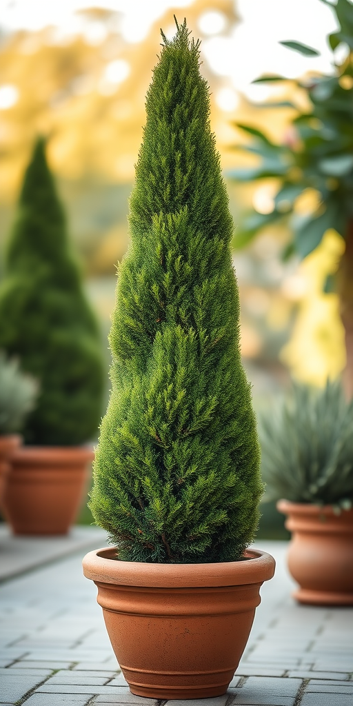 Create a high-resolution image of a tall, conical topiary bush in a terracotta pot, captured with a DSLR camera at f/2.8 aperture, 50mm lens, ISO 100, with a soft focus background for depth, natural daylight lighting.