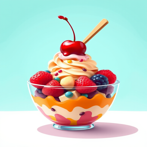 Create a vibrant illustration of a dessert bowl filled with a colorful mixture of ice cream and fruit, featuring a shiny cherry on top, with a smooth turquoise background, captured in a digital illustration style using a simulated DSLR camera effect, focus set to macro for detail enhancement, aperture at f/2.8 for depth of field, and rendered in high resolution.