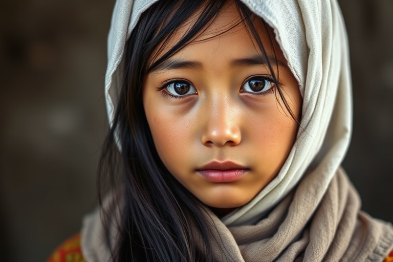 Create a portrait of a young Tibetan female with long, dark hair and captivating hazel eyes. She is wearing a white headscarf and a matching scarf draped gracefully around her neck. The background is softly blurred, focusing attention on her serene and natural expression. The overall color palette is muted and warm, enhancing the intimate and authentic feel of the portrait.