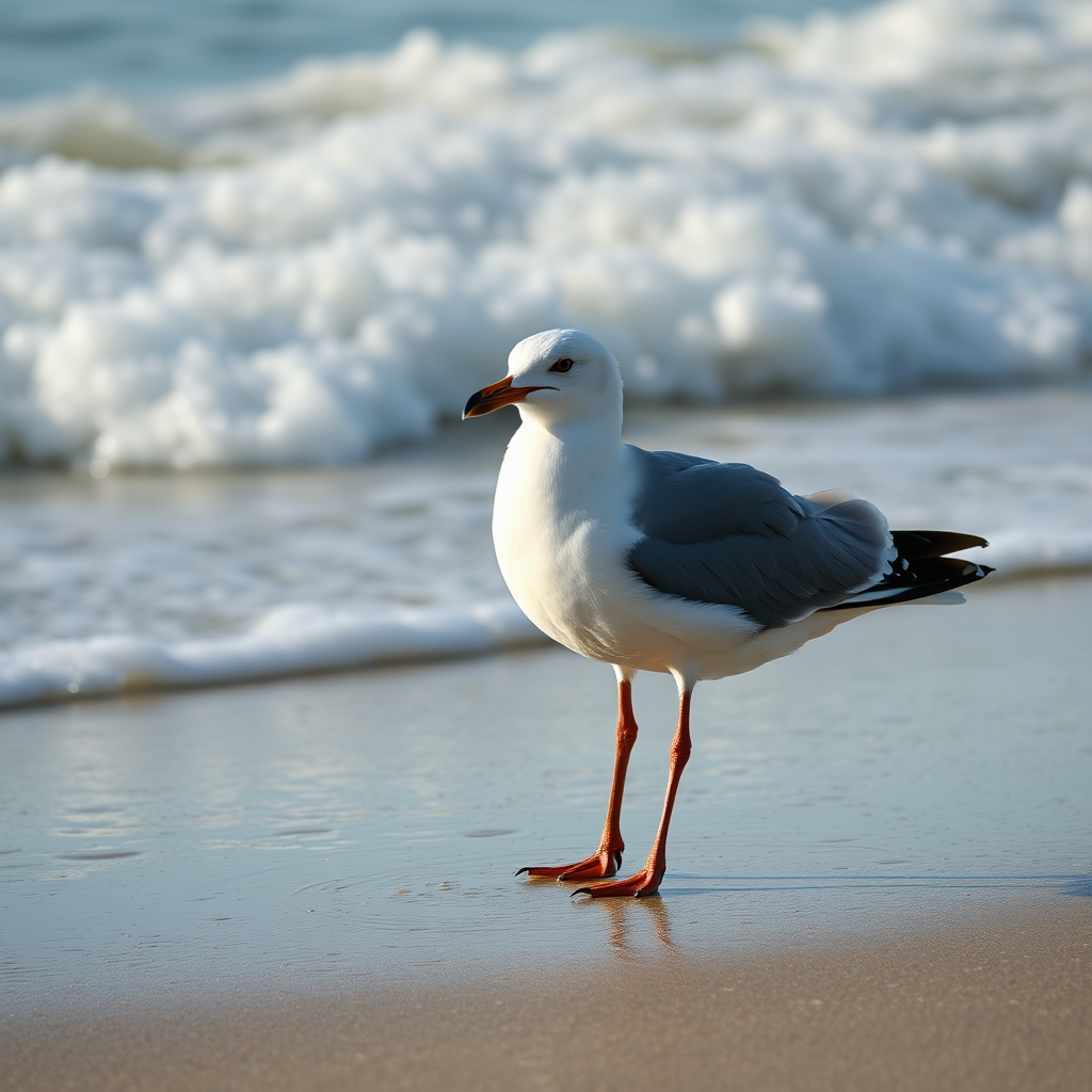 seagull standing on the beach with crashing waves in the background, shot with a Canon EOS R5, 50mm lens, f/8, 1/2000 sec, ISO 100, natural lighting, rule of thirds composition, sharp focus on the bird